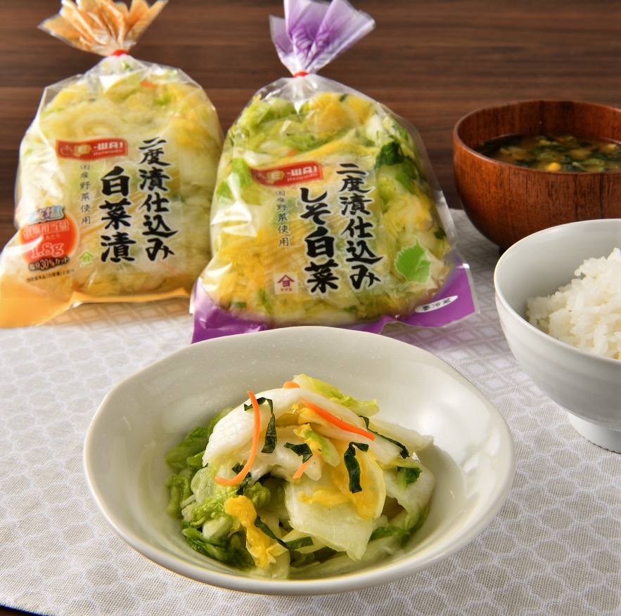 平和堂ブランド「E-WA!」新商品！｢二度漬仕込み しそ白菜漬 180g」