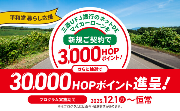 三菱UFJ銀行のネットDEマイカーローンを新規ご契約で3,000HOPポイント!