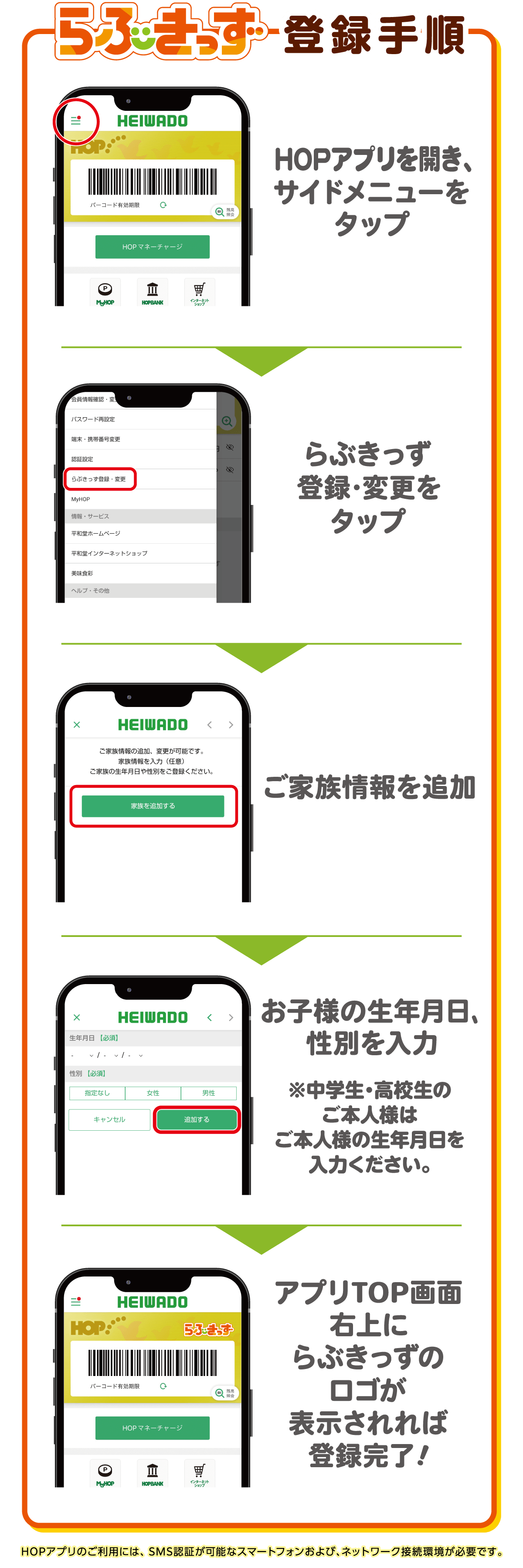 らぶきっず登録手順 HOPアプリを開き、サイドメニューをタップ→らぶきっず登録・変更をタップ→ご家族情報を追加→お子様の生年月日、性別を入力※中学生・高校生のご本人様はご本人様の生年月日を入力ください→アプリTOP画面右上にらぶきっずのロゴが表示されれば登録完了！